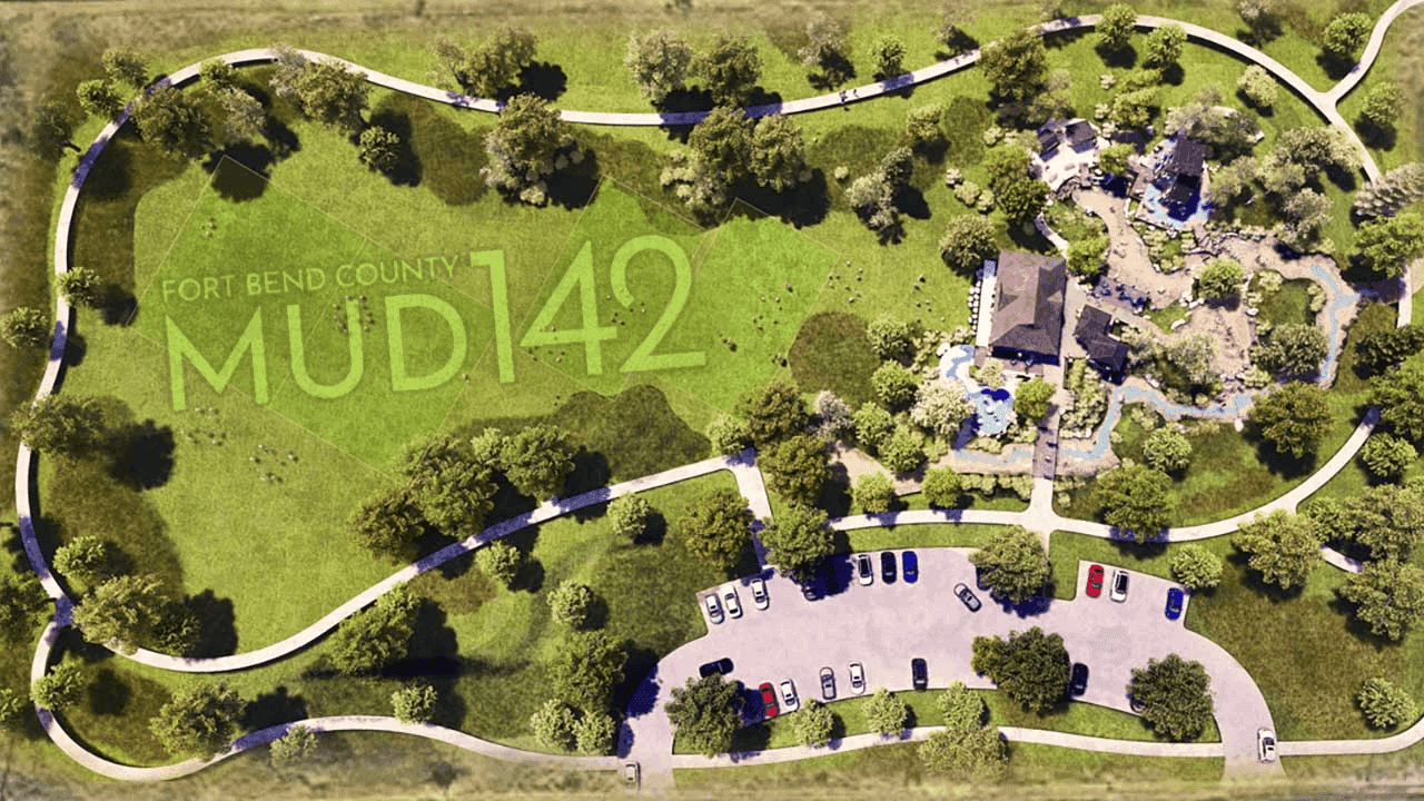 Aerial rendering of a community park featuring walking trails, open green space, trees, parking areas, recreational amenities, and neighboring homes along the site perimeter.