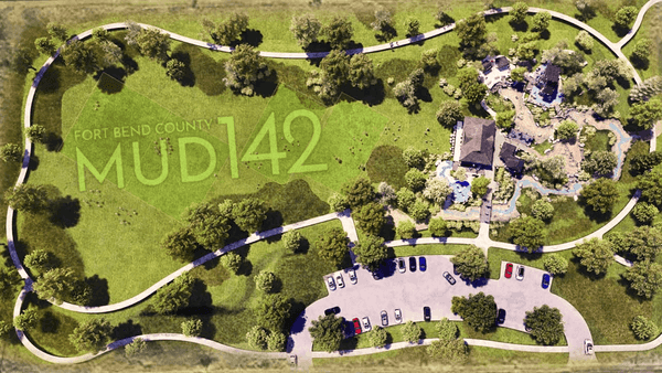 Aerial rendering of a community park featuring walking trails, open green space, trees, parking areas, recreational amenities, and neighboring homes along the site perimeter.