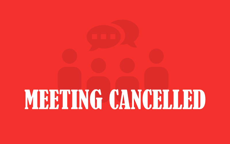 Red graphic with silhouettes of four people and speech bubbles above them, with large white text reading “Meeting Cancelled.”